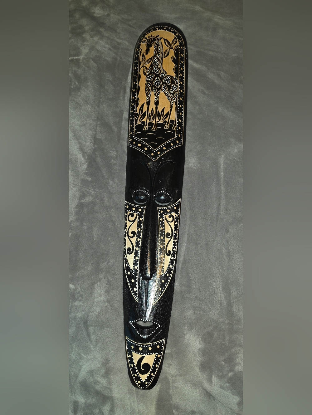 Large Handmade Black & Beige Carved Tribal Mask 39x7inch